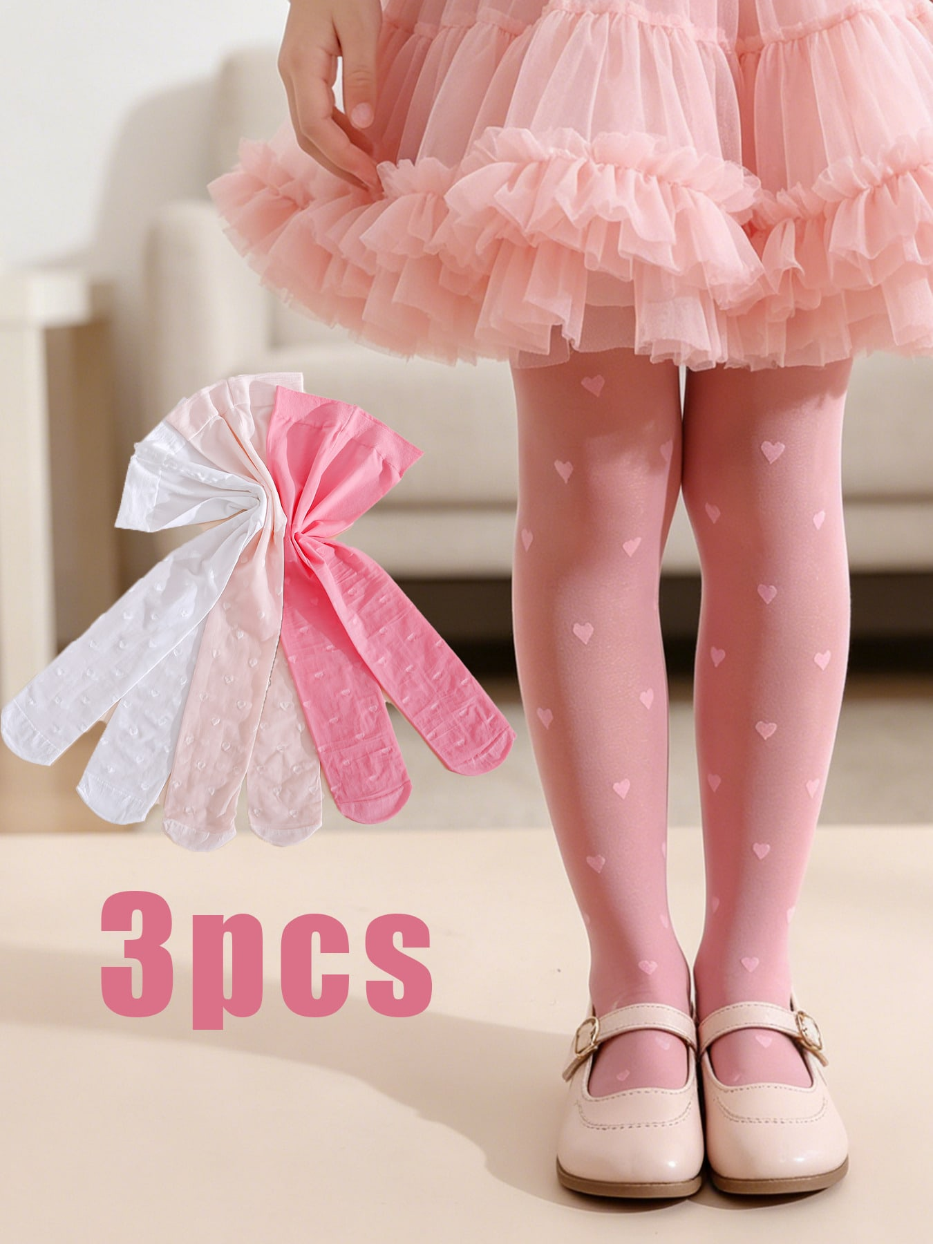 3Pcs Girls Heart Print Tights  - Tights Pantyhose Sheer のレビューと価格